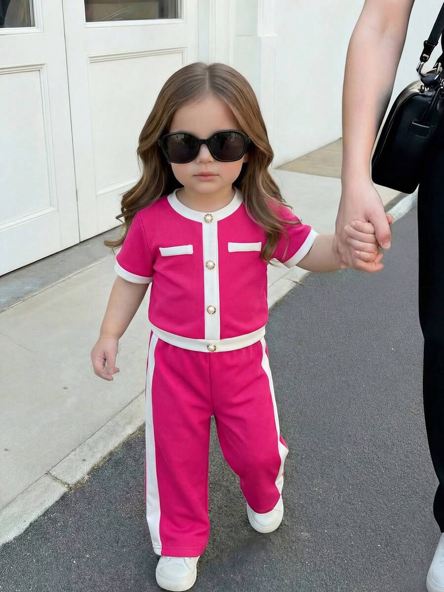 LMoss Kids Baby Girl Casual Contrast Trim Round Neck Short Sleeve T-Shirt And Pants Set,Kids - Hot Pink - View 1