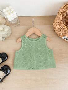 SHEIN LMoss Kids 女婴可爱夏季休闲百搭白色刺绣花卉吊带衫 - 綠色 - 查看 2