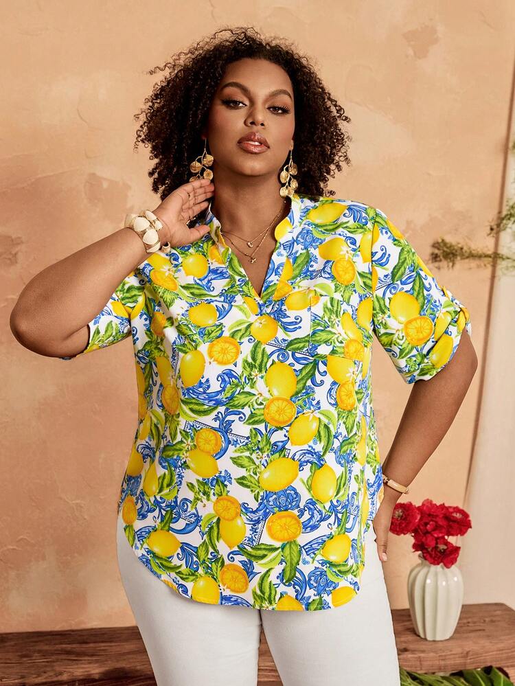 Plus Size Lemon Print Casual Vacation Shirt