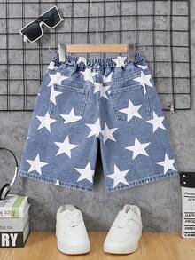 Tween Boys Denim Shorts,Blue And White Striped,Summer,Casual,City Break,Cotton Washed Star Print Multi-Pocket Elastic Waist Wide Leg Cargo Shorts - Blue - View 2