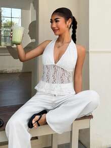 Muchica Women's Floral Lace Deep V-Neck Halter Top - White - View 6