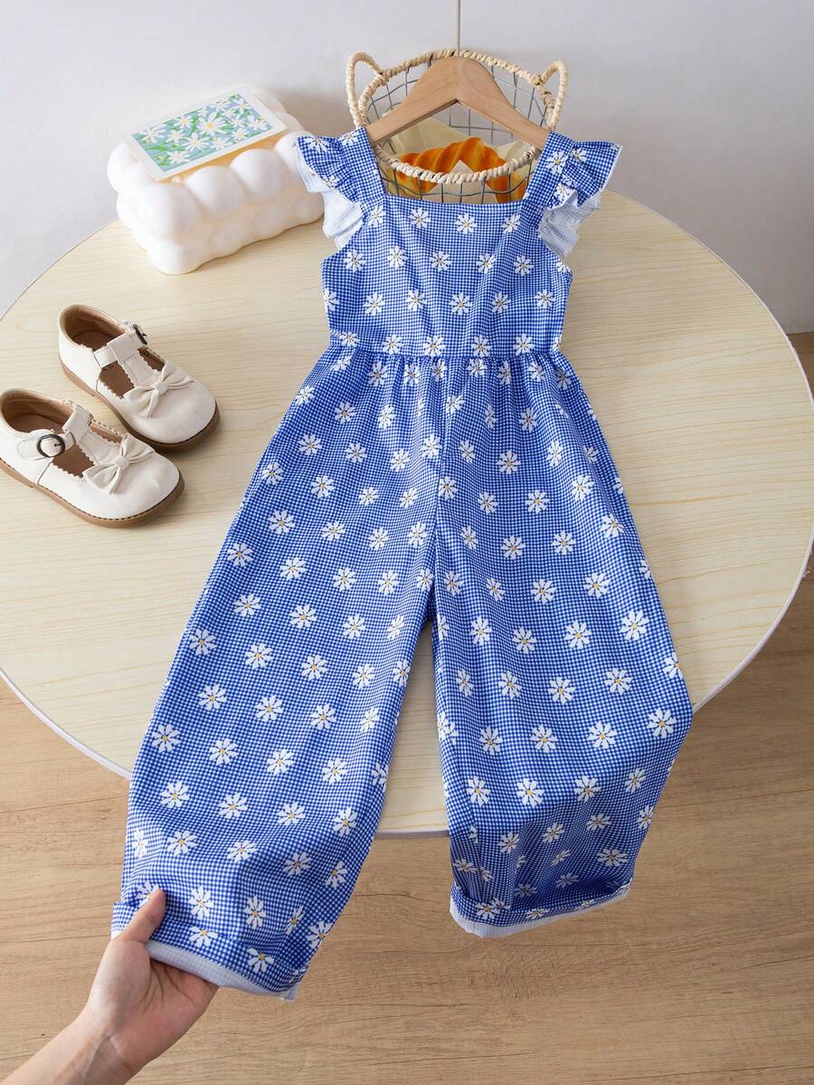 Elladie kids 一件复古休闲修身独特樱桃印花连体裤,适合夏季户外活动和上学穿着。 - 藍色 - 查看 1