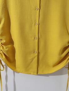 Franclia 女士休闲通勤百搭衬衫，插肩短袖，两侧抽绳，前开襟翻领，竹纤维面料，春夏黄色。女士休闲衬衫，女士优雅衬衫，女士服装衬衫，女士度假衬衫，女士外出衬衫，黄色衬衫，女士黄色衬衫，纽扣衬衫，抽绳上衣 - 黃色 - 查看 8