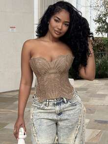Alexandranx European & American Young Vacation Sexy Avant-Garde Double-Layer Fitted Corset Bustier, Khaki Hollow Embroidered Shapewear - Brown - View 6