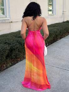 Alexandranx 全新度假风格彩虹渐变色网眼印花露背超长波西米亚风连衣裙 - 紅色 - 查看 3