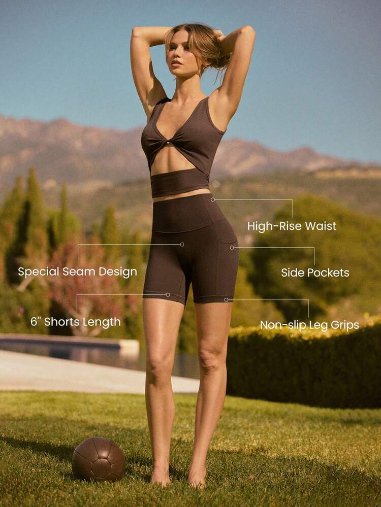 6" FeatherFit™ Making Moves Buttery-Soft Stretchy Sweat-Wicking Seamless Front Tummy Control High-Waist Side Pockets Anti-Slip Biker Shorts Low Impact Yoga Pilates Studio Cycling Gym Workout Daily Active Wear