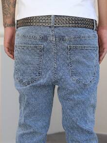 Manfinity LEGND 男士拼接提花蹄印修身弹力喇叭牛仔裤 - 淺色水洗藍 - 查看 7