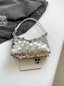 1pc Gold Color Crescent Moon Shape Glitter PVC Shoulder Bag For Women, New , Beach - Silver - View 4
