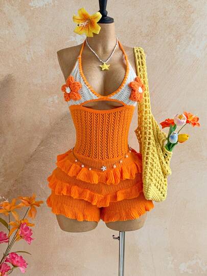 Soleia Women's Vacation Casual Vibrant Orange Floral Decor Ruffle Hem Jumpsuit, Suitable For Beach, Cruise, City Holiday, Vacation, Music Festival, Bohemian, Beach, Summer, Music Festival Outfit, Versatile For All Seasons, Daily Commute