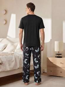 Velminro Men's Black Pants And Short Sleeve T-Shirt Gaming Pajama Set, Spring/Autumn Gaming Print Pajama Set Men Pajama Set Men Long Pants Set - Black - View 2