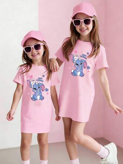 Spring And Summer Young Girls Casual Fashionable Creative Personalized Refreshing Minimalist Cute Kawaii Cartoon Rabbit Heart Star Bow Decor Letter Slogan Graphic Print Casual Basic Short Sleeve T-Shirt Dress, Comfortable Outfit, Suitable For Summer And Autumn Girls Atmosphere Styles, Sets
