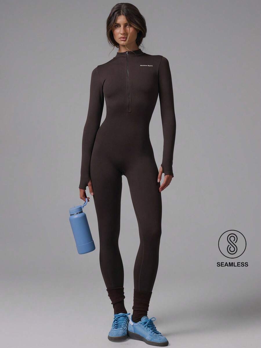 Musera Sport 无缝拉链连体运动服 健身 健身房 普拉提 日常休闲 香蕉布丁 - 巧克力棕 - 查看 1
