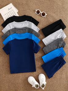 SHEIN Vintaside Kids 5 Stücke Baby Jungen Outfit Set mit strukturiertem Strick Kurzarm Rundhals Oberteil & Elastischer Taille Shorts, marineblau, Sommer lässig, Familienoutfit passend für 6 Monate - 3 Jahre - Verschiedenfarbig - Übersicht 3