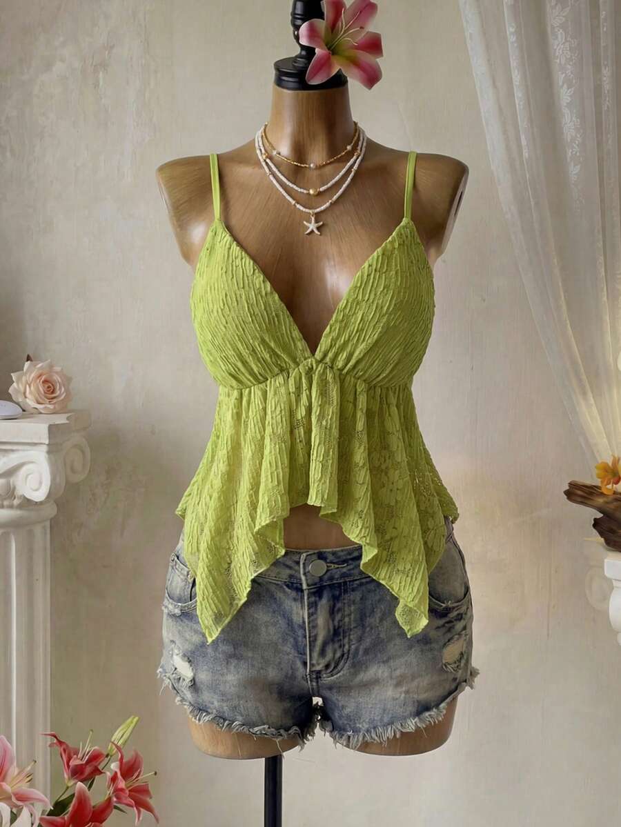 Femesol 女士白色蕾丝细肩带上衣，下摆不对称，夏季 - 綠色 - 查看 1