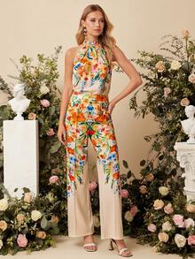 Ellevyn Women's Floral Print Halter Top And Wide Leg Pants Casual 2 Pieces Set - Multicolor - View 4