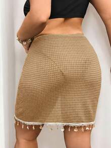 SHEIN Swim Vcay Plus Size Women Summer Beach Vacation Drawstring Ruched Starfish Shell Tassel Solid Color Special Texture Fabric Split Skirt - Khaki - View 3