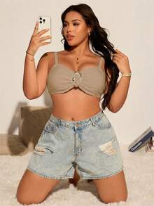 Swim Chiccia Plus Size Women Solid Color Off-Shoulder Metal Decor Sexy One-Piece Bikini Top, Suitable For Spring - Apricot - View 3