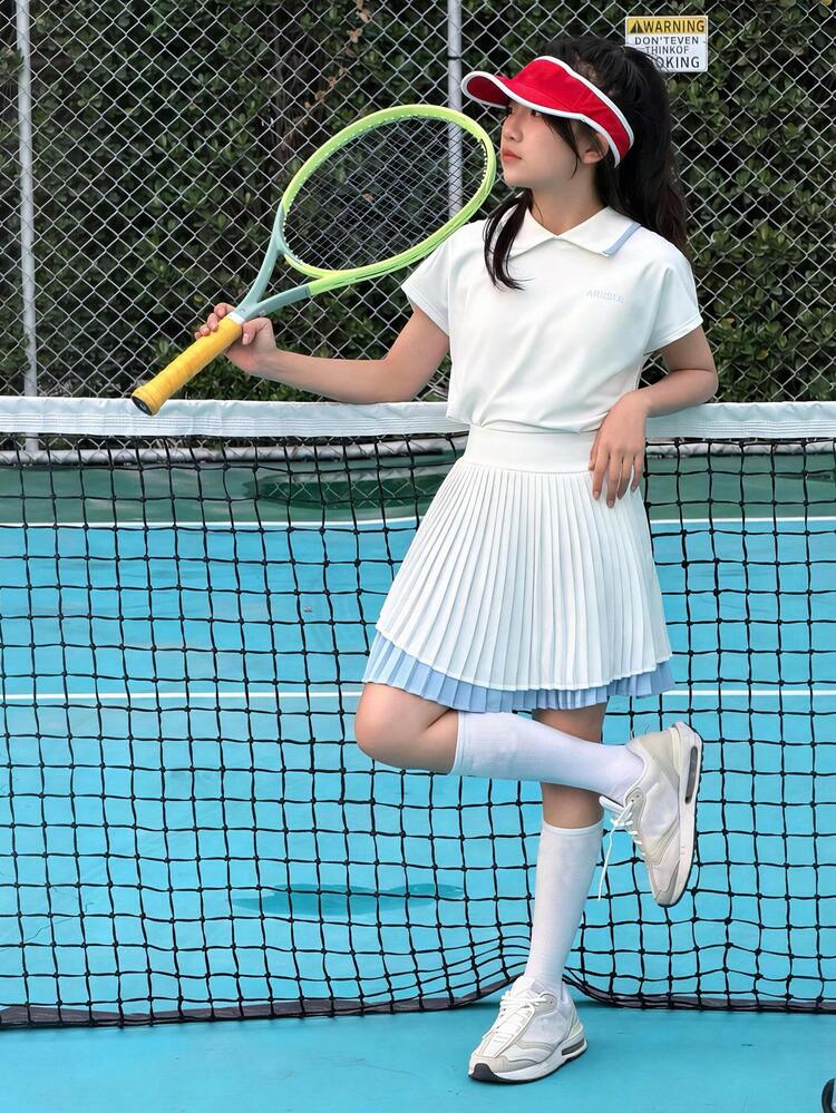 Tween Girl Contrast Color Cap Sleeve Top And Mini Skirt Casual Sportswear Set