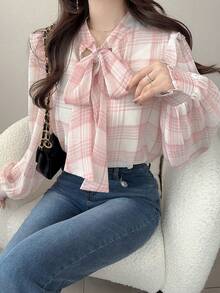 FRIFUL Áo sơ mi nữ cổ bẻ kẻ caro dáng casual, thích hợp mặc đi làm, mùa hè. - Hồng - Xem 1