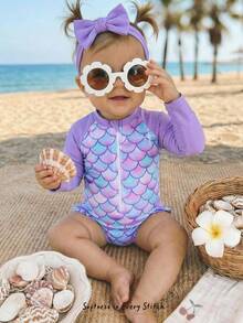 Cozy Pixies Traje de baño de una pieza con estampado de escamas de sirena, mangas raglán y volantes para bebé niña - Rosa - Ver 11