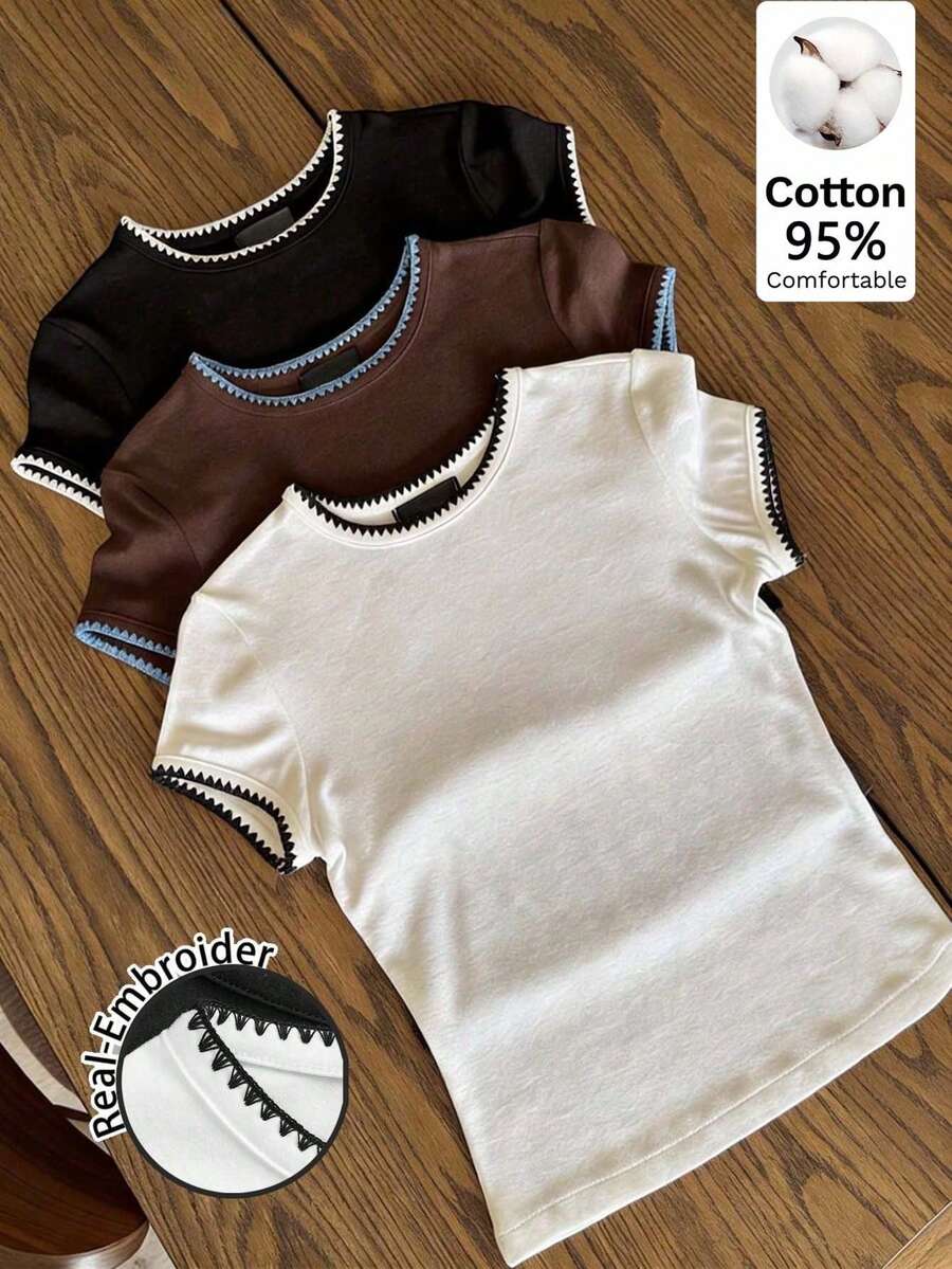 SHEIN EZwear 3件組女款休閒白色與棕色對比色T恤,時尚夏季日常舒適棉質上衣,度假搭配必備 - 彩色 - 查看 1