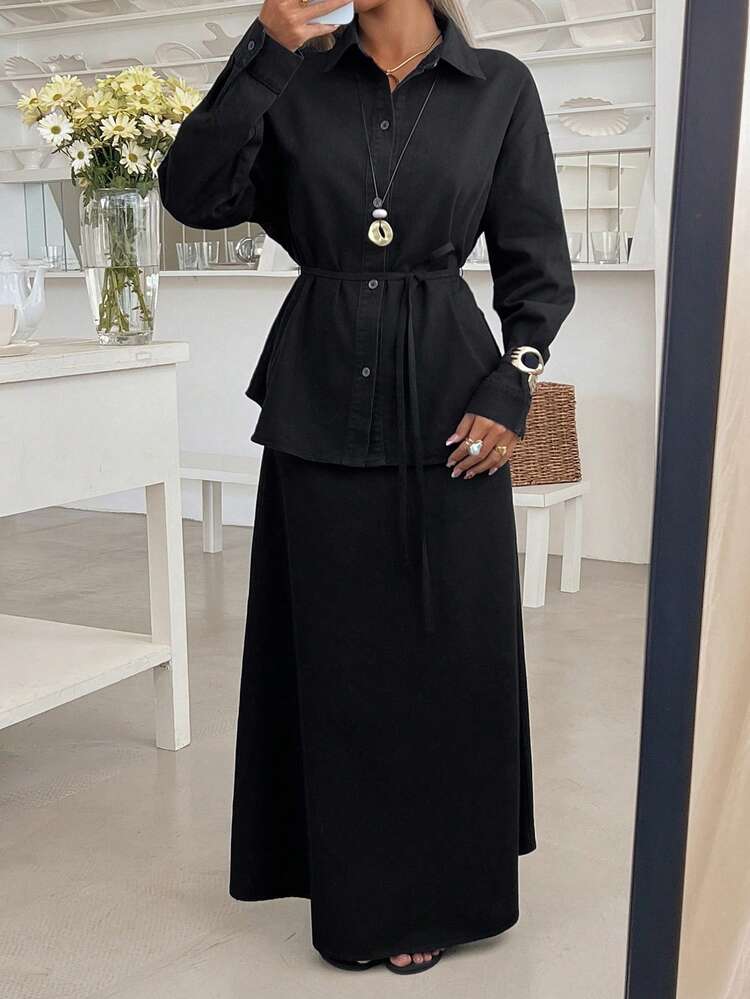 Women's Long Sleeve Single-Breasted Shirt And Denim Skirt Casual Suit