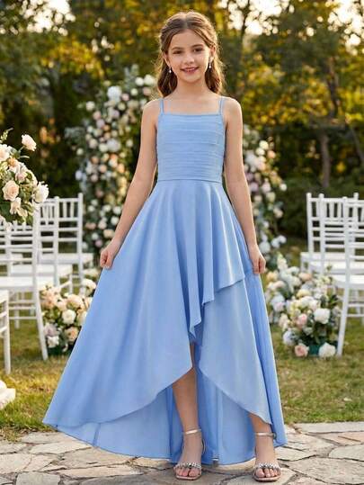 Pitira Tween Girls' Elegant Fashion Luxurious Spaghetti Strap Criss-Cross Shoulder Sleeveless High Waist Cinched Waist Flared Hem Long Asymmetrical Hem Design Solid Satin Shiny Fabric High-End, Graduation, Party,