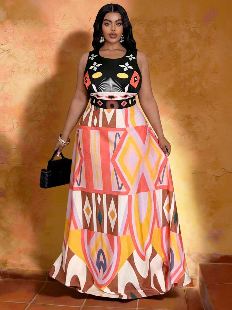 Veslaya 2026 New Spring/Summer Plus Size Women Tropical Rainforest Print Sleeveless A-Line Maxi Dress, Suitable For Beach, Party, Date