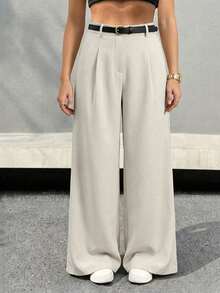 SHEIN PETITE Quần ống rộng màu đen trơn dành cho nữ, có thắt lưng, kiểu dáng thường ngày, phù hợp với người nhỏ nhắn. - Màu be - Xem 2