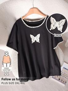 CosyJoli Camiseta Casual de Manga Curta com Gola Redonda e Recorte Contrastante em Formato de Borboleta para Mulheres Plus Size - Preto - Visão 1
