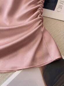 Franclia 女士优雅圆领收腰修身褶裥短袖百搭纯色浅桃色衬衫 - 藕粉色 - 查看 4
