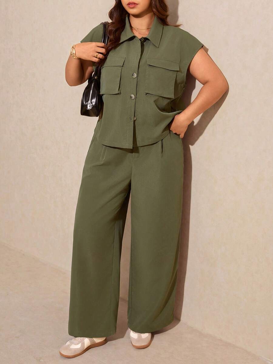 Elaquor 大码女式单排扣上衣和阔腿裤休闲两件套 - 軍綠色 - 查看 1