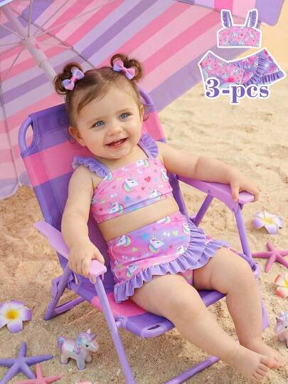 SHEIN Baby Girl 5-Color Unicorn Pattern Camisole Swimsuit And Elastic Waist Skirt 2 Pieces Set