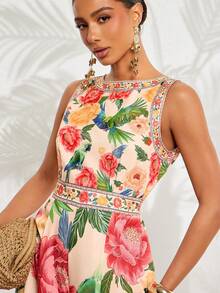 Amorya 女士优雅露背连体裤，宽松撞色印花度假连体裤，沙滩连体裤，优雅鸟类印花连体裤，度假装连体裤，长款碎花连体裤，春夏女装，复活节，优雅派对装，沙滩装，母亲毕业礼服，毕业礼服，伴娘礼服，婚礼宾客礼服，婚礼，女士度假装，夏季假日装，女士正式服装，Y2K风格，女士办公室装，碎花连体裤，女士夏季连衣裙 - 彩色 - 查看 3