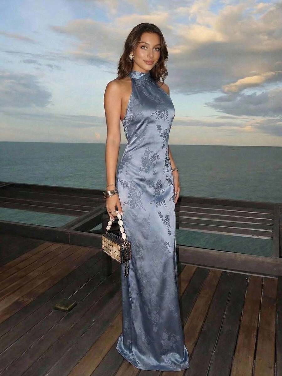 KARISMINA Solid Color Woven Backless Halter Dress For Women, Suitable For Spring/Summer Vacation - Blue - View 1