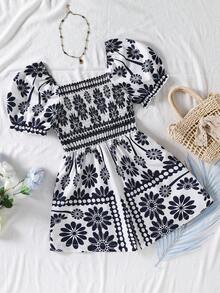 Sparklyn 少女碎花方领泡泡袖连体衣 - 藍色 - 查看 2