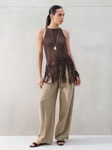 KSTM 女士无袖棕色网眼针织背心，流苏下摆，高领露背设计，波西米亚风纹理夏季节日上衣 - 咖啡棕 - 查看 3