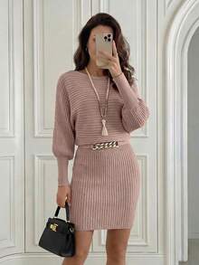 EMERY ROSE 女士纯色灯笼袖罗纹针织毛衣连衣裙 - 摩卡棕 - 查看 3