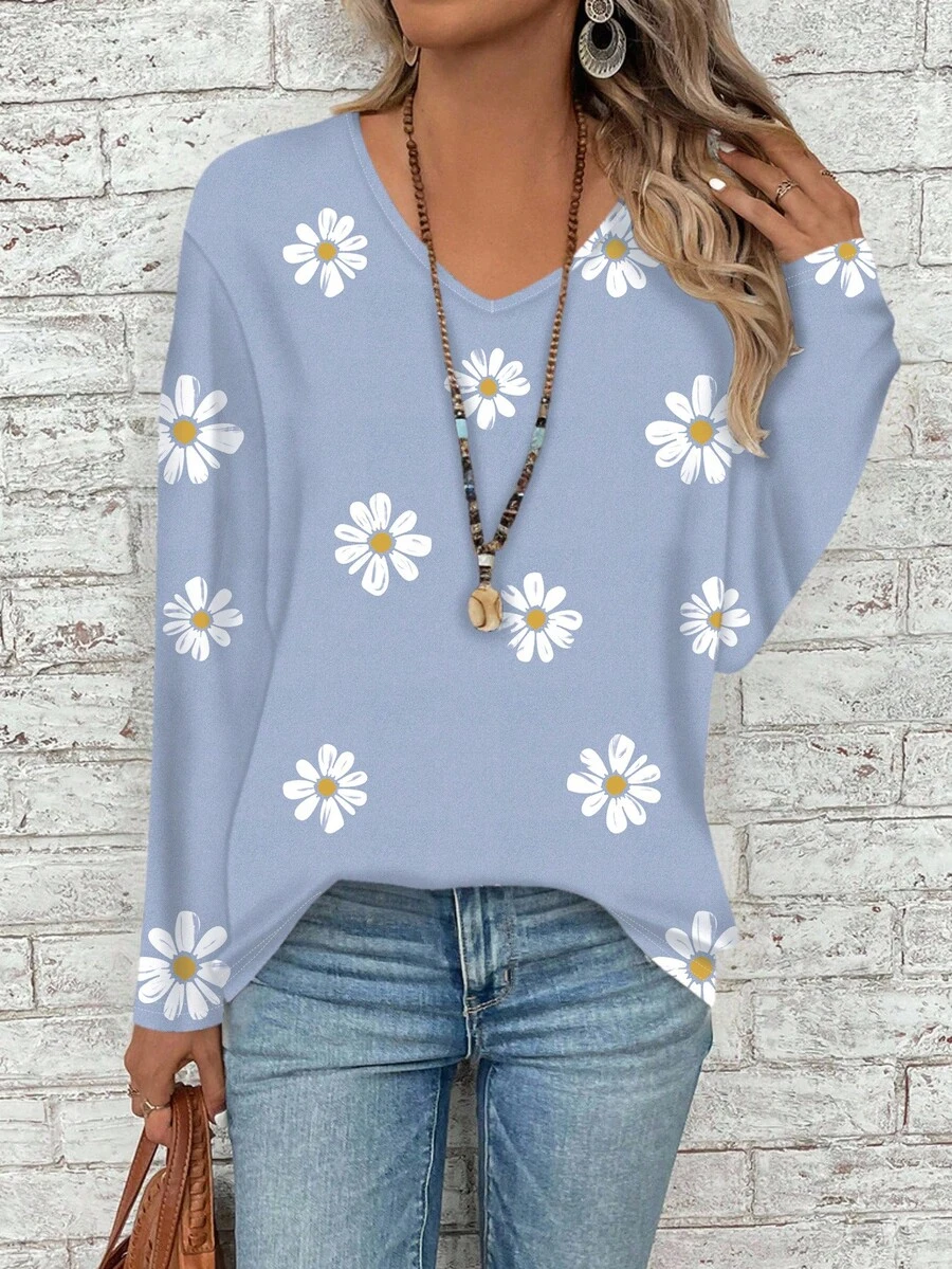 EMERY ROSE Plus Size Women V-Neck Long Sleeve Loose T-Shirt - Blue - View 1