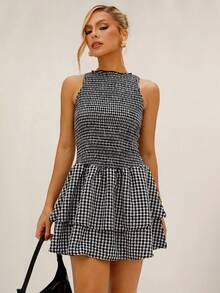 BiaLiraa 蓝色格子无袖紧身迷你连衣裙，甜美法式度假风，春夏季 - 彩色 - 查看 4