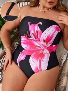 SHEIN CURVE+ 大码女士连体泳衣，夏季度假印花泳装 - 黑色 - 查看 1