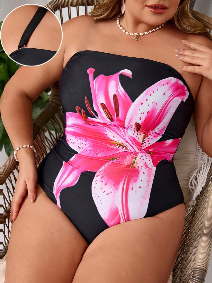 SHEIN CURVE+ 大码女士连体泳衣,夏季度假印花泳装 - 黑色 - 查看 1