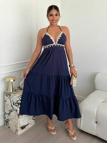 Maria Perezxox 女式贝壳边饰腰部系带挂脖中长连衣裙 - 藏蓝色 - 查看 5