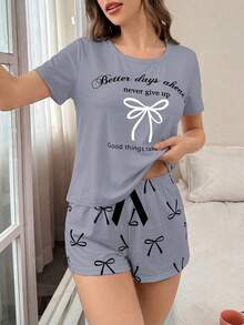 Bow & Letter Print Short Sleeve Shorts Pajama Set - Multicolor - View 4