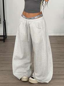 Muchica Grey Knitted Curved Track Pants, Women's Drawstring Waist, Slanted Pockets, Casual Wide-Leg Pants Wide Leg Sweatpants Baggy Sweatpants Oversized Pants - Grey - View 5