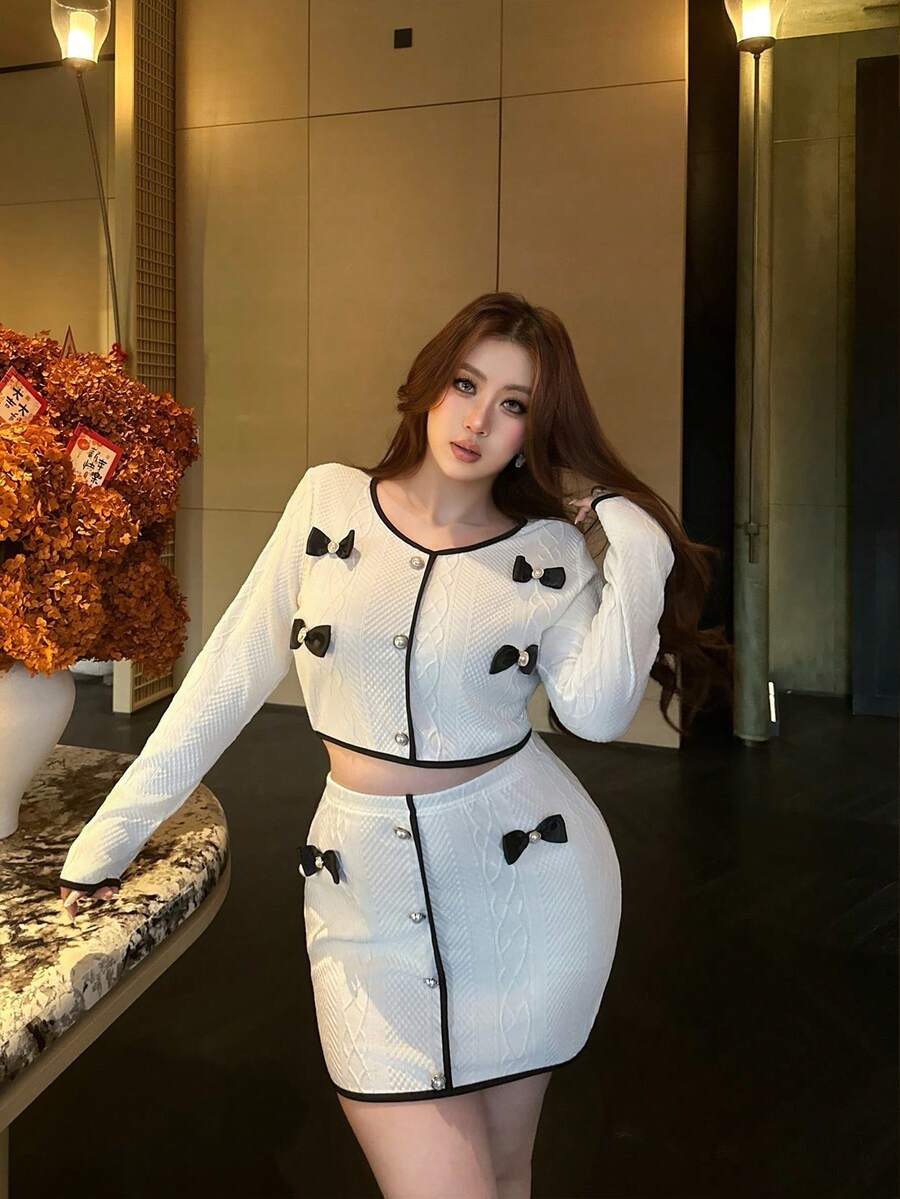 Vibekara Bộ đồ hai mảnh kiểu Pháp cỡ lớn, tay dài, chất liệu jacquard phối màu, thắt nơ, dành cho nữ, trang phục thời trang cho mùa thu/đông. - trắng - Xem 1