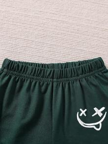 SHEIN Newborn Baby Cartoon Smiling Face Print Long Sleeve Top And Pants Set - Dark Green - View 7