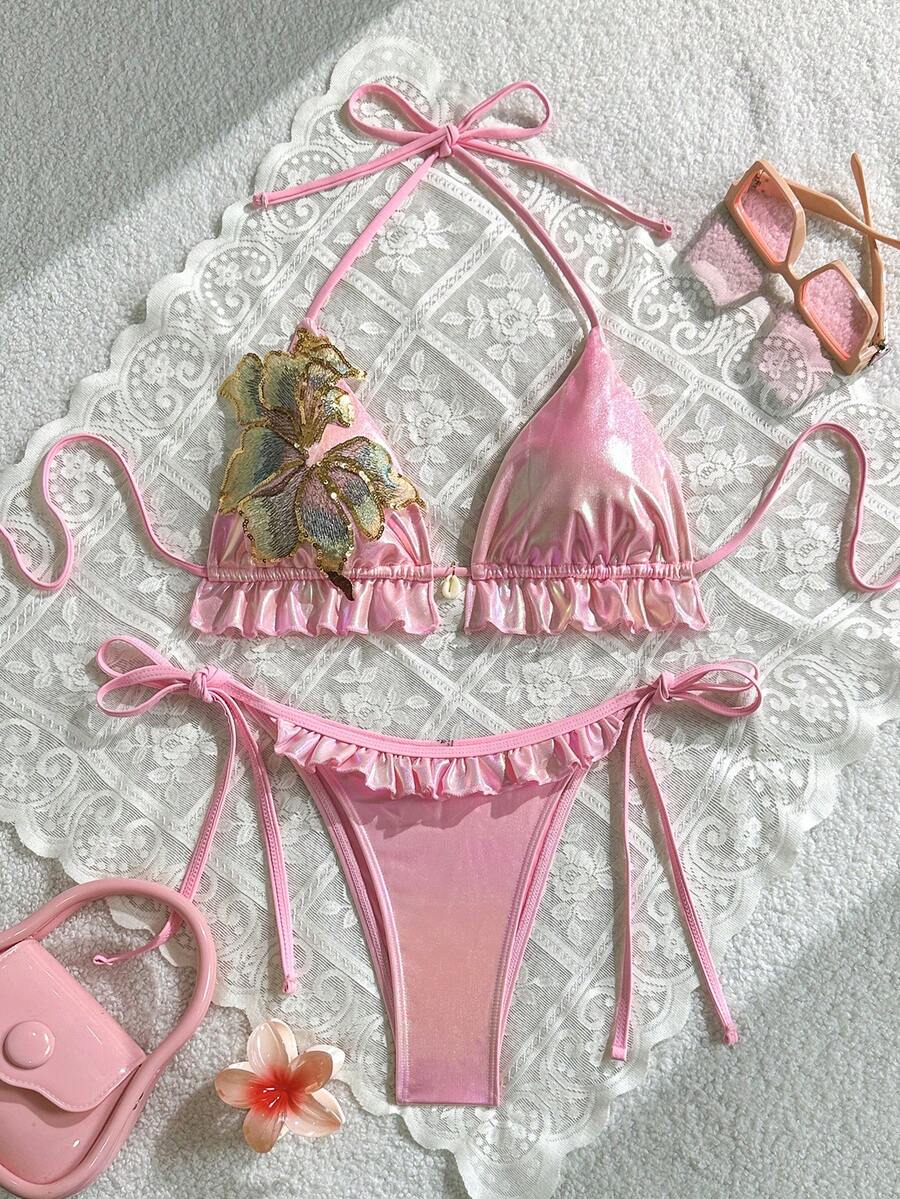Swim Mod 女士花卉亮片荷叶边挂脖比基尼套装，夏季海滩度假 - 粉色 - 查看 1