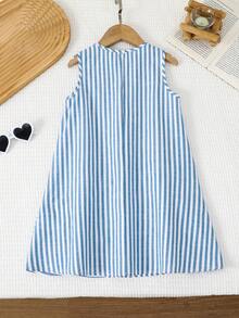 Young Girl Woven Striped Sleeveless Casual Dress - Blue and White - View 2