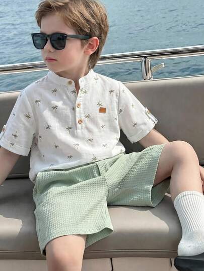 SHEIN 2件套 男童卡通椰树图案立领短袖半拉链套头衫和松紧腰纯色短裤